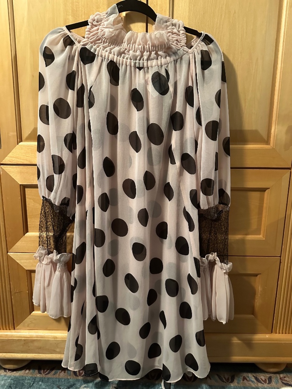 NWT Gracia Polka Dot Off-Shoulder Sheer Dress with Lace Detail L